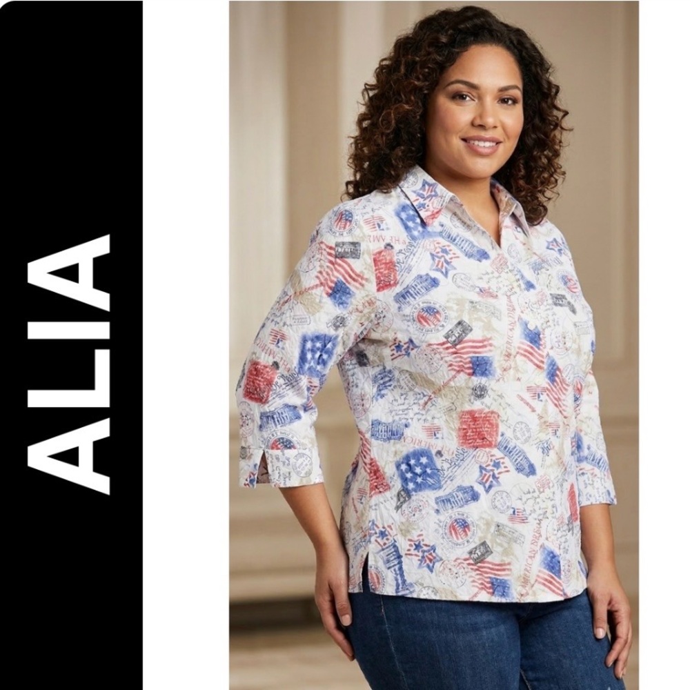 Alia Petites Patriotic Americana Button Down Blouse | Size 16P | 3/4 Sleeve EUC - Picture 12 of 12